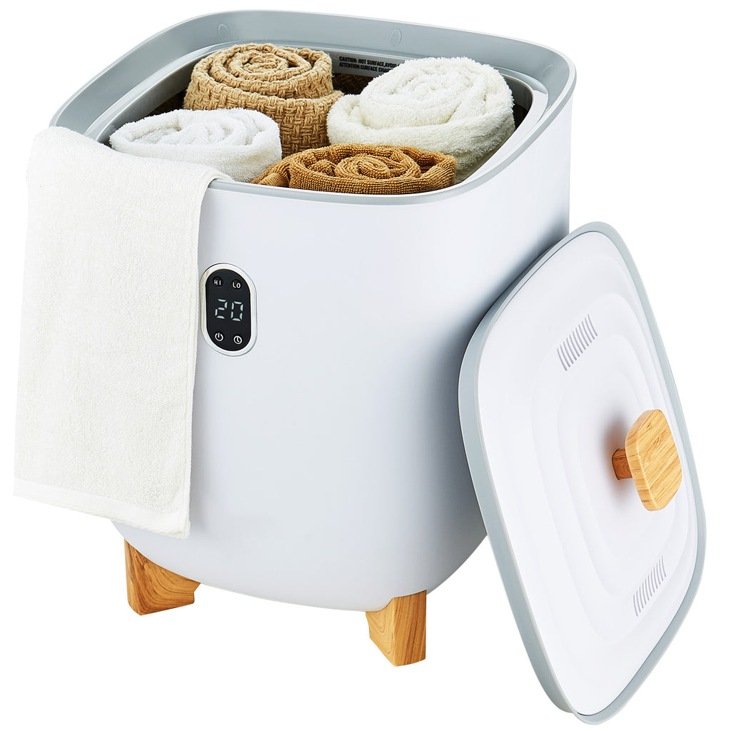 White 25L towel warmer bucket with open lid and digital temperature display