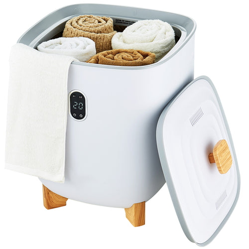 White 25L towel warmer bucket with open lid and digital temperature display