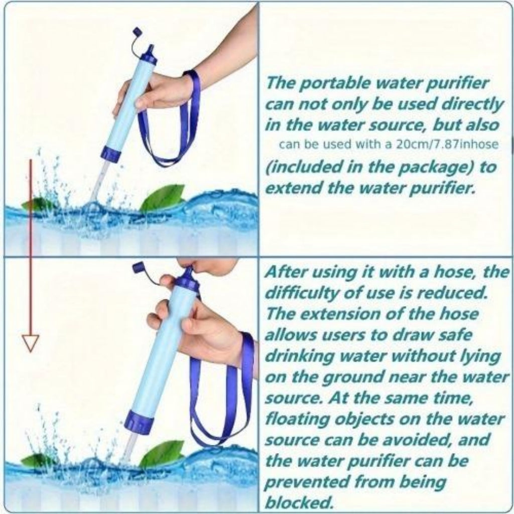Blue portable water purifier usage over water, handheld filter connected to hose.