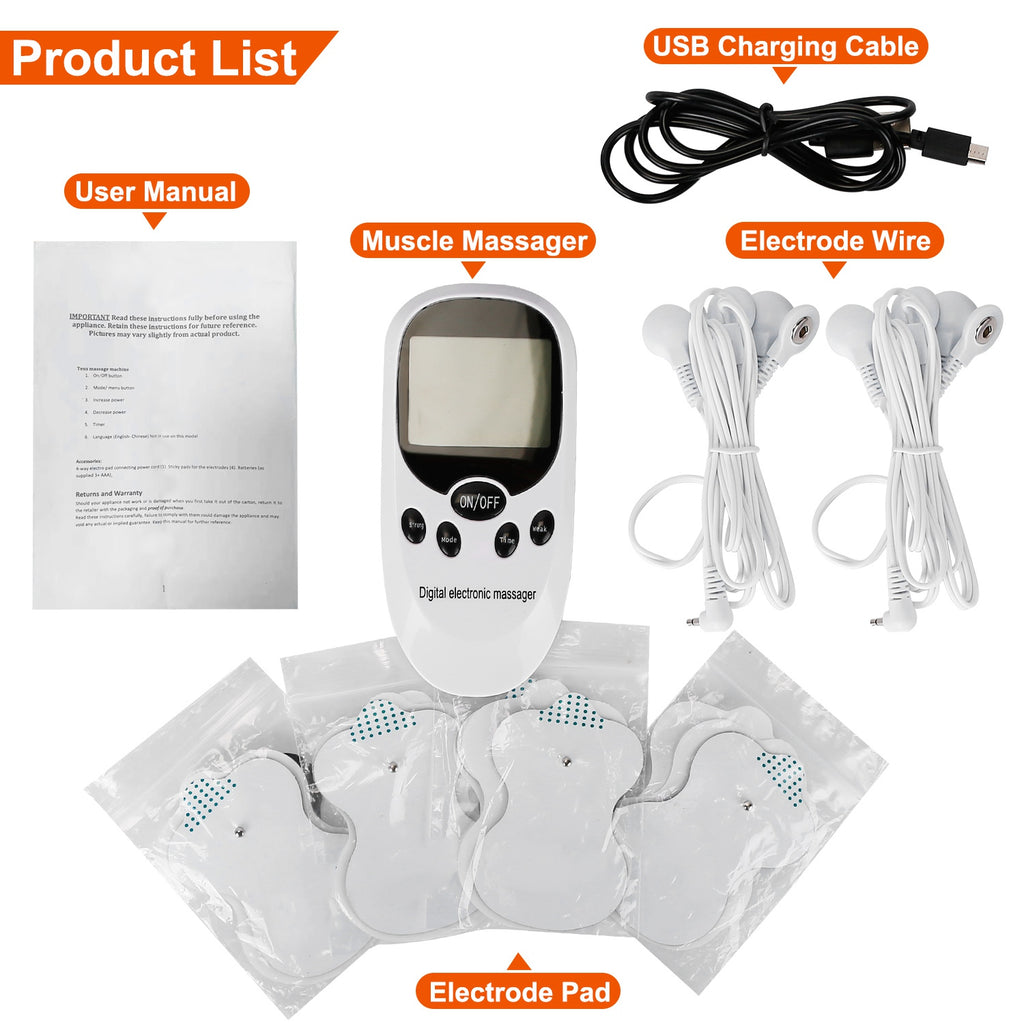 Wireless muscle stimulator kit layout with USB cable, electrode wires, and pads