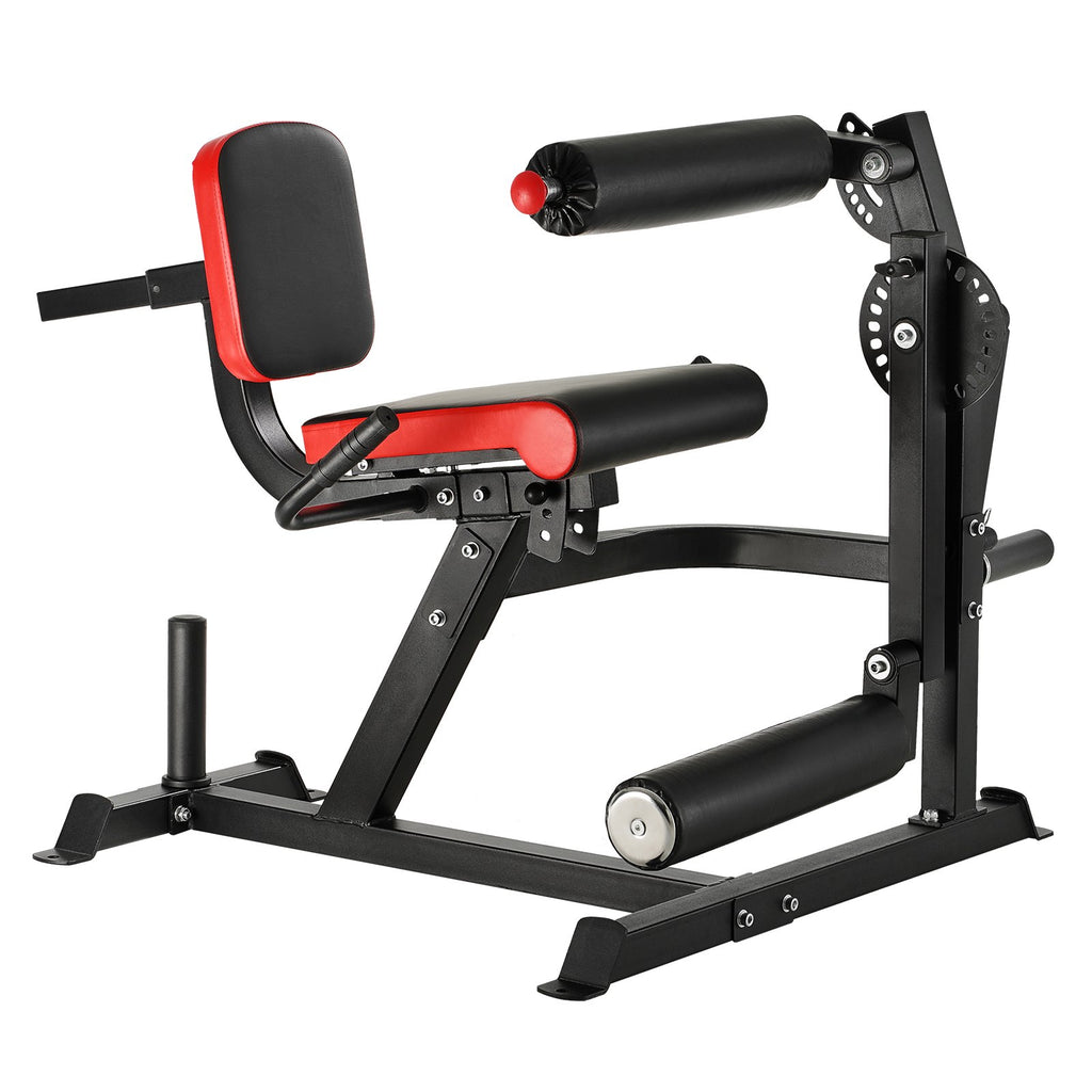 Adjustable leg extension and curl machine with padded black-and-red seat and rollers
