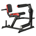 Adjustable leg extension and curl machine with padded black-and-red seat and rollers
