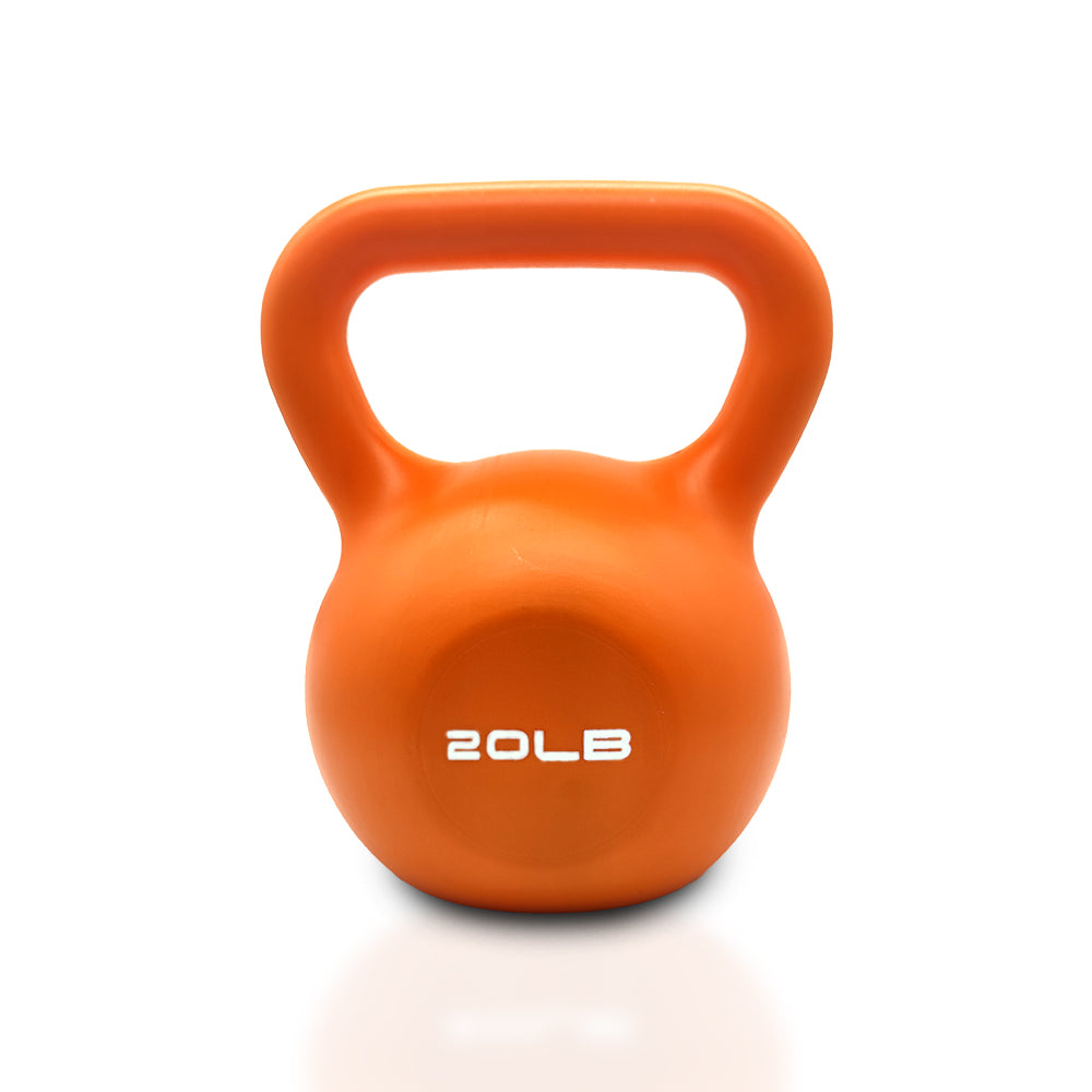 Orange vinyl coated kettlebell with 20LB label, wide handle