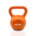 Orange vinyl coated 20LB kettlebell with wide handle and molded base