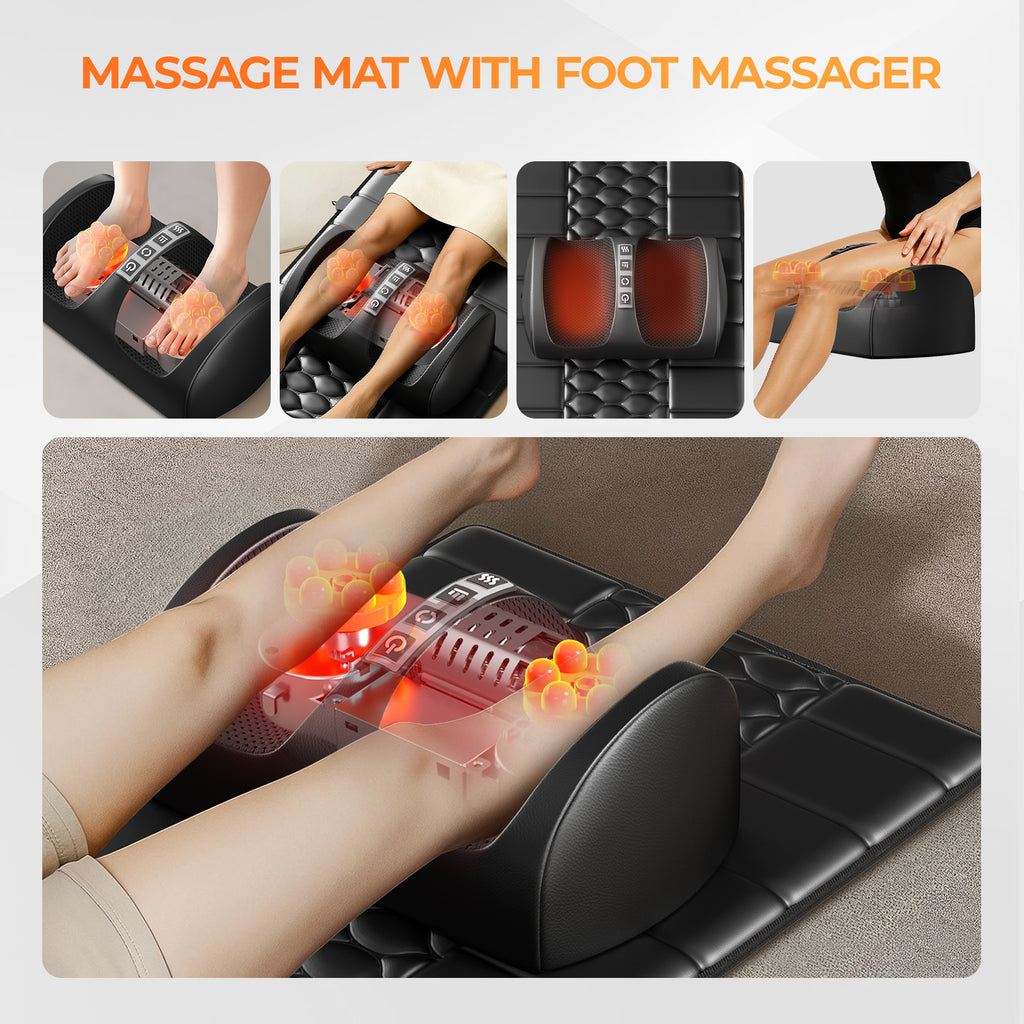 Massage mat with foot massager and padded kneading rollers with glowing heat points