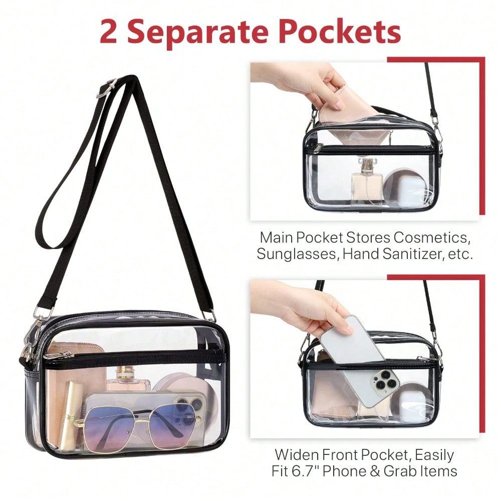 Black clear crossbody bag with adjustable strap and front zip pocket
