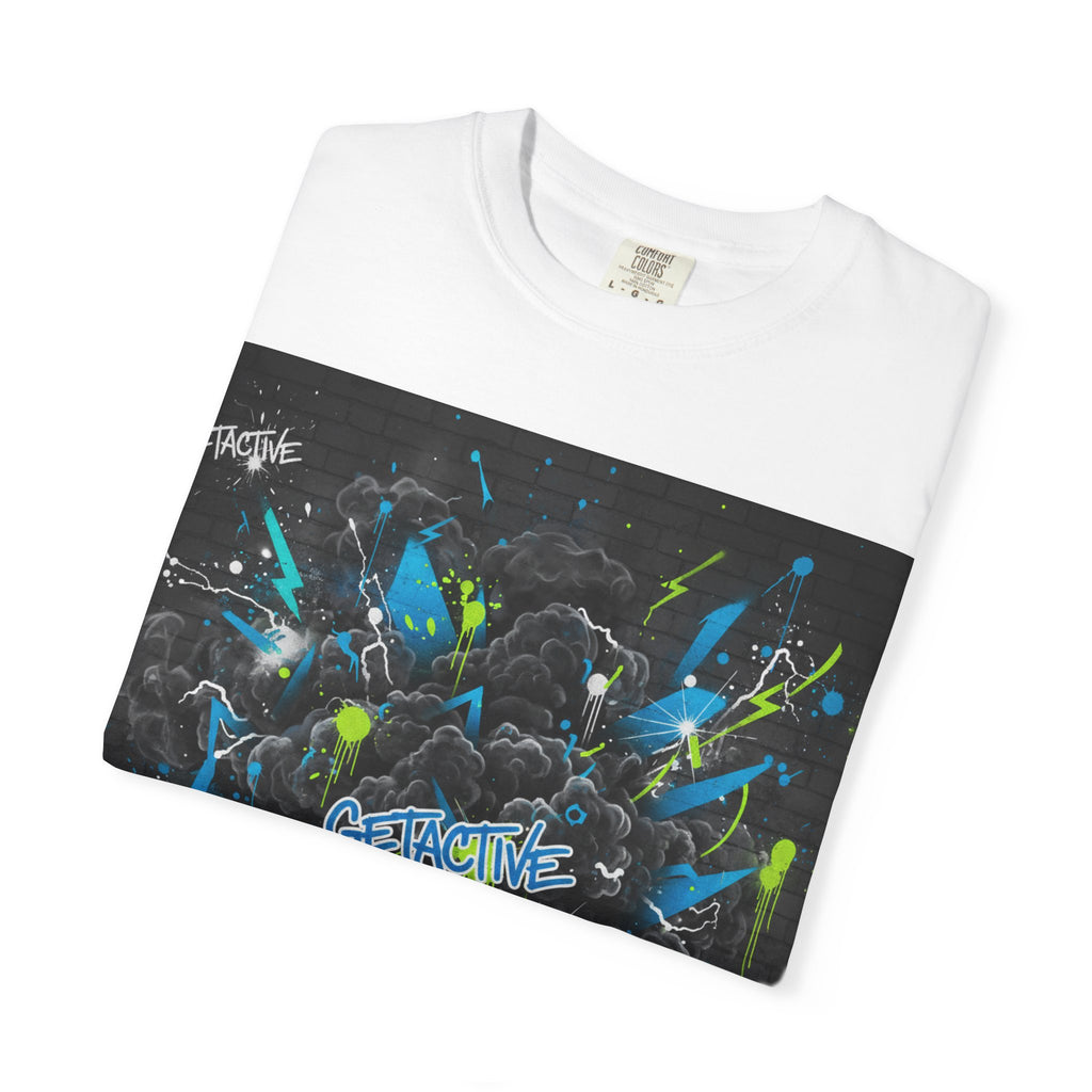 White gym graphic workout tee with colorful 'GETACTIVE' burst panel print