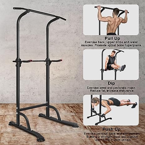 Black pull-up tower with dip bars and wide base supports