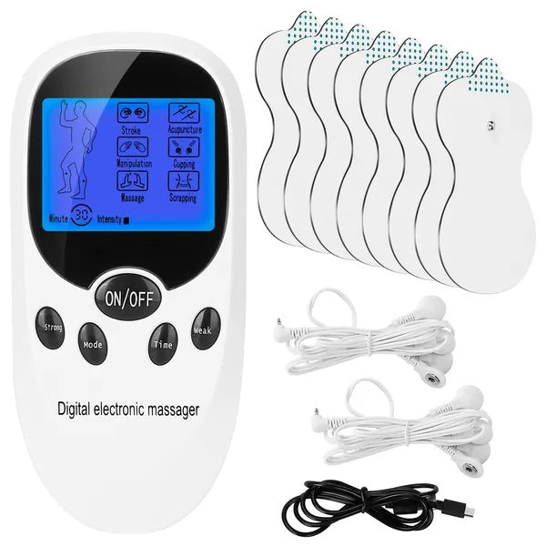 White TENS pulse massager with electrode pads, wires, and USB charging cable