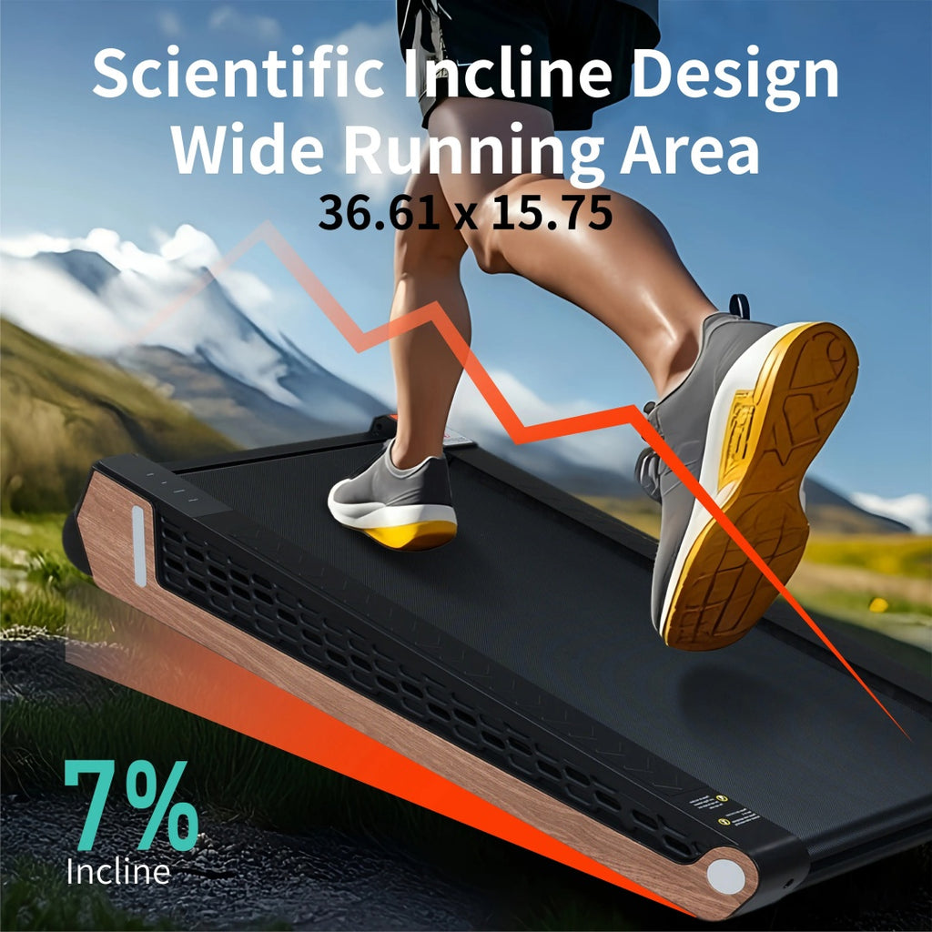 Incline walking pad treadmill, black running deck with wood side panels