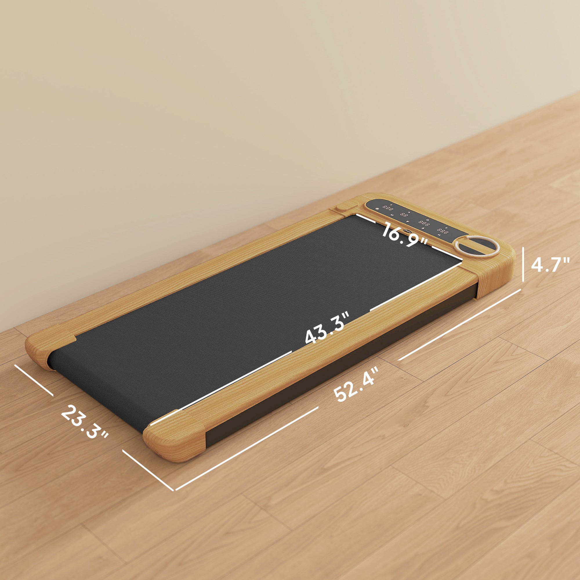Compact walking treadmill deck with black belt on light wood frame, top view
