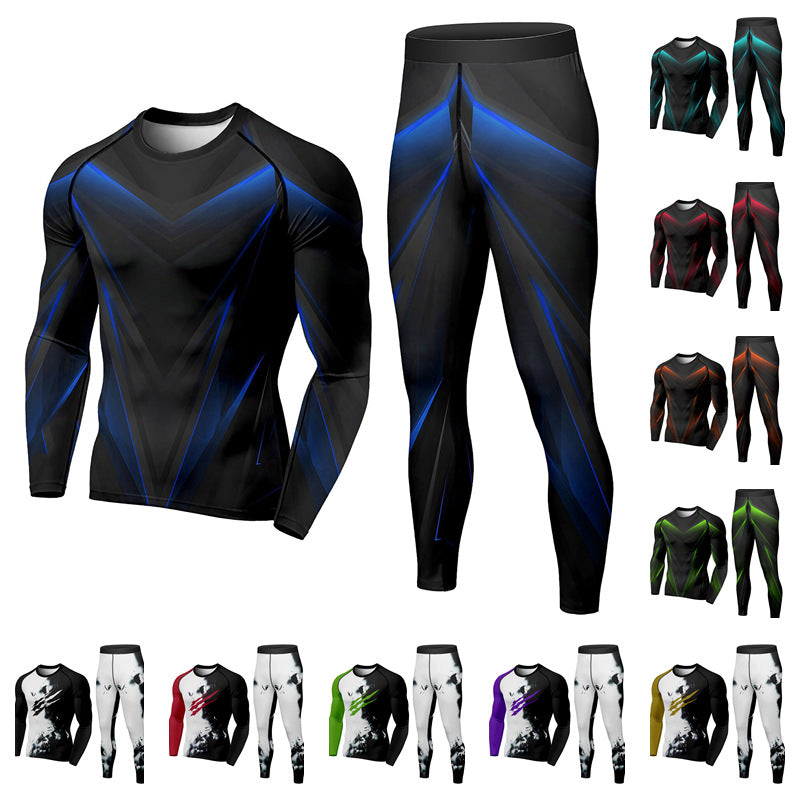 Men's black long-sleeve compression top and leggings set with blue geometric accents