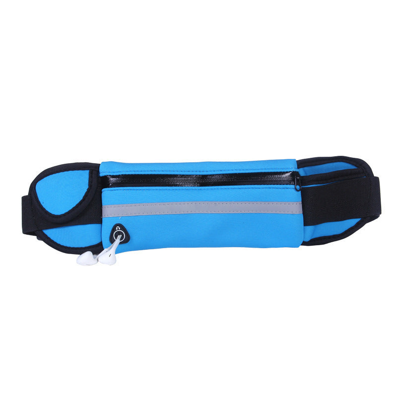 Blue running belt fanny pack with top zip and light gray reflective stripe
