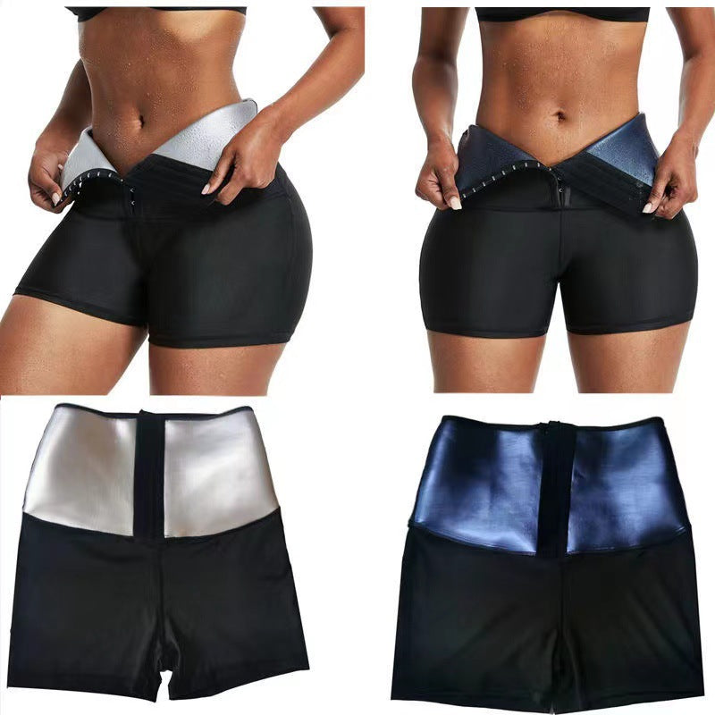 Black and blue sauna sweat shorts, high-waisted with adjustable front hook panel