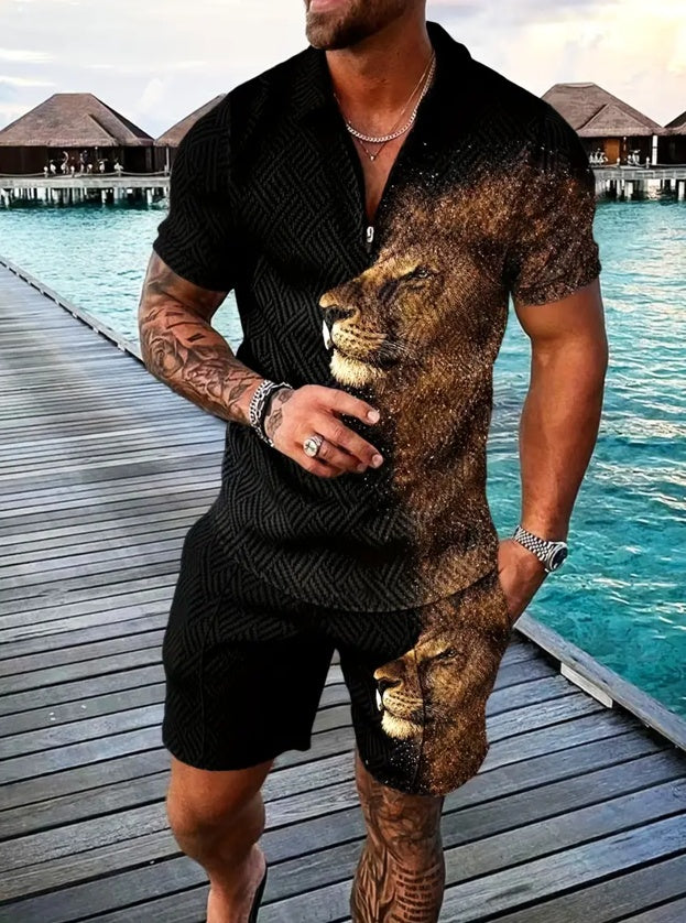 Black short-sleeve athletic set with graphic cat print and drawstring shorts