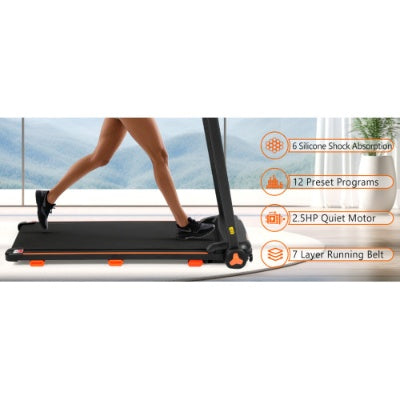 Black treadmill deck with orange side feet, front view detail of running belt area
