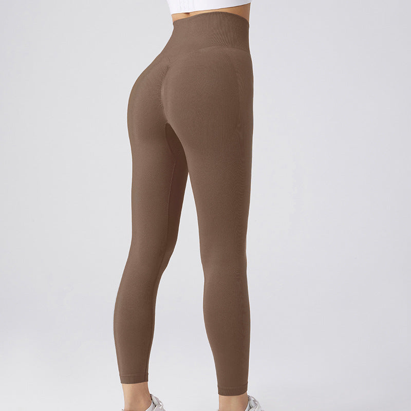 Brown high-waist seamless leggings, rear view, full-length