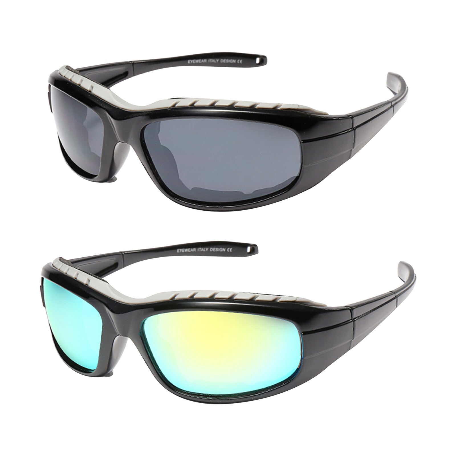 Wrap-around sport sunglasses 2-pack with smoke gray top and teal mirrored bottom lenses