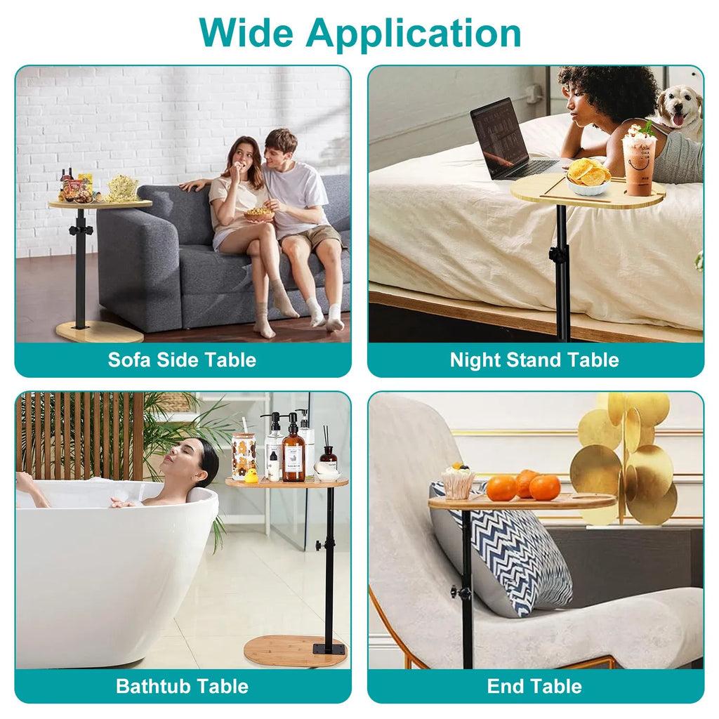 Bamboo tray caddy shown for bathtub, sofa, and bedside use with lift stand