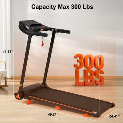 Black folding treadmill with orange accents, display shows capacity max 300 lbs