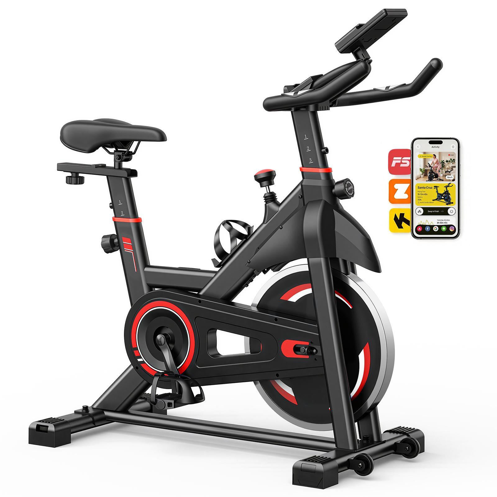 Upright fitness bike with LCD display, adjustable seat and handlebars, red accents