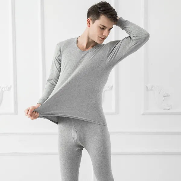 Grey men's thermal base layer set: long-sleeve crew top and fitted leggings