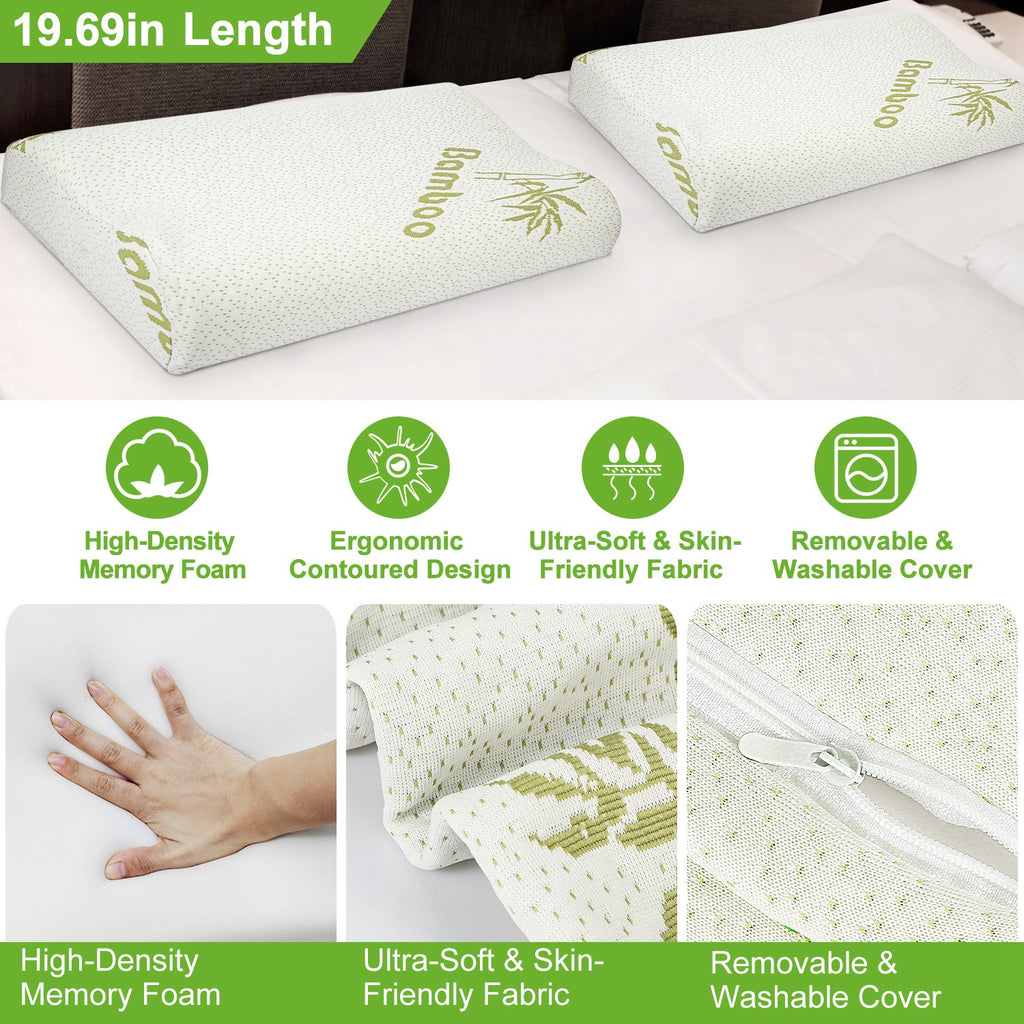 Bamboo contoured neck support pillow showing green bamboo print on light beige
