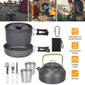 Grey camping cookware set with pots, kettle, cups, utensils, and carry bag