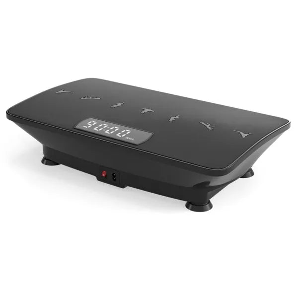 Black vibration plate angled view with front controls, digital display, and rubber feet