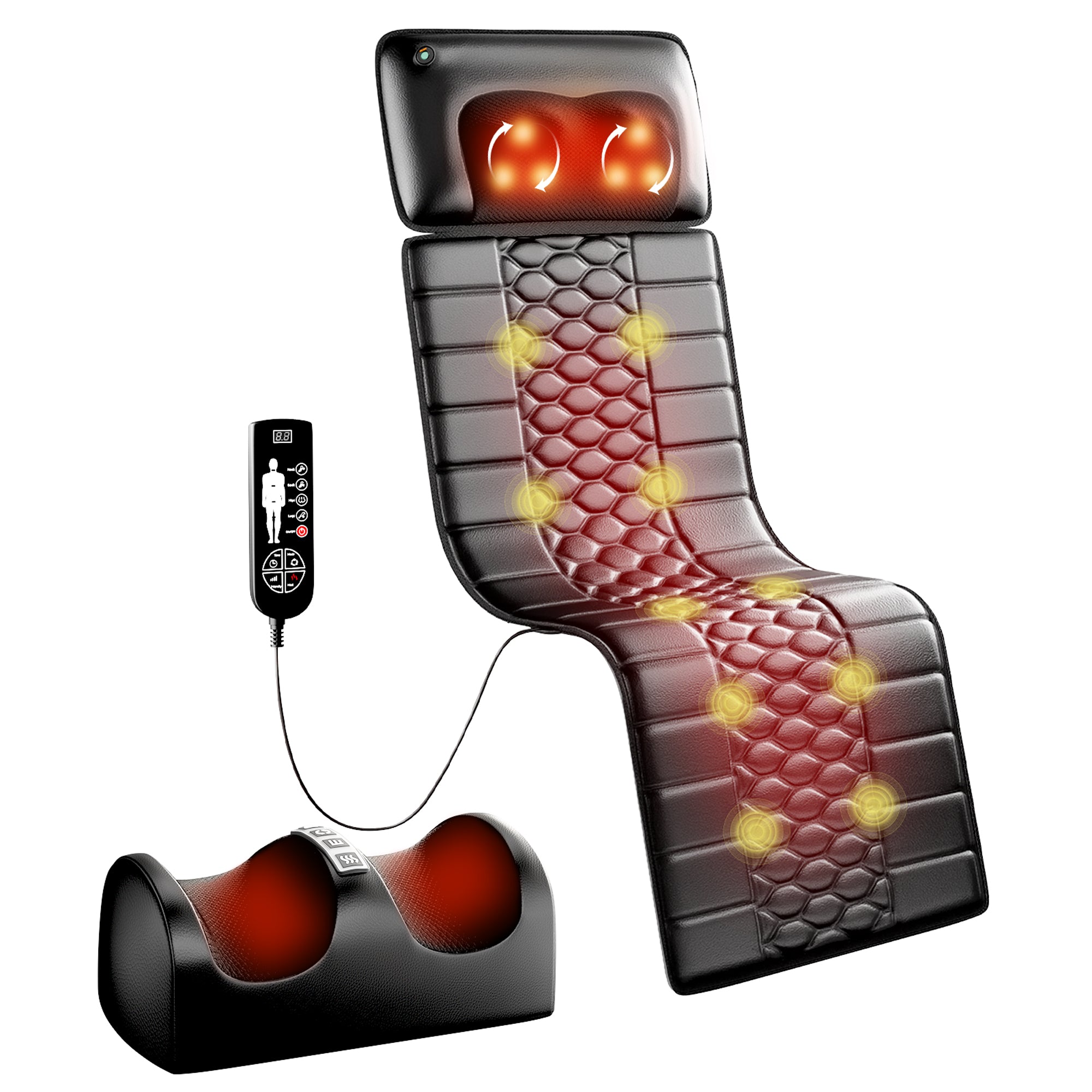Heated black massage cushion set with kneading back pads, remote control, and foot rollers