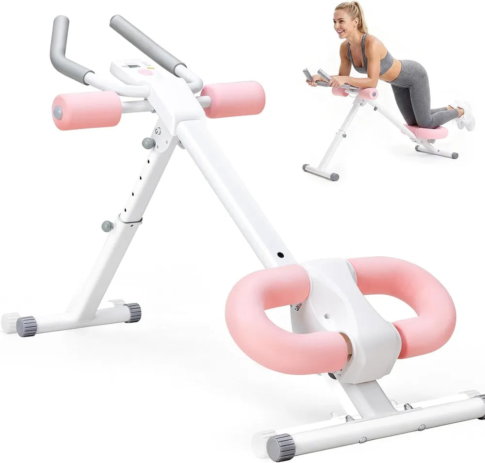 Adjustable ab machine with pink knee pads, white frame, and padded handle grips