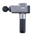 Grey percussion massage gun with round head attachment and textured top panel