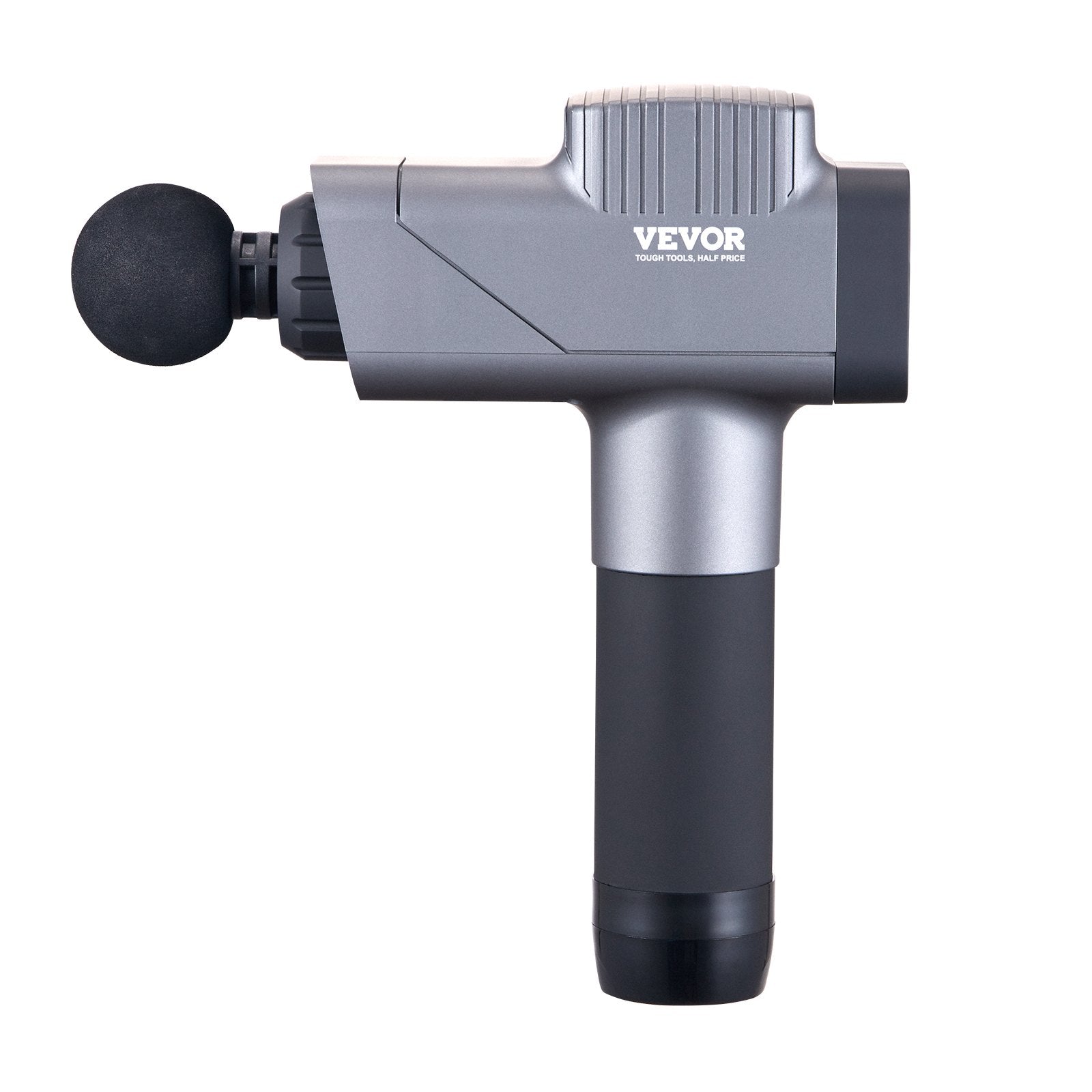 Grey percussion massage gun with round head attachment and textured top panel