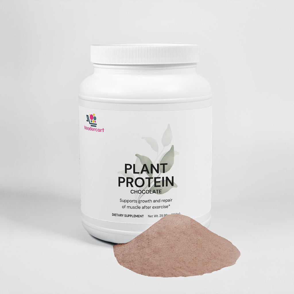 Plant protein powder tub with chocolate powder scoop in front, product label visible
