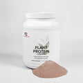 Plant protein powder tub with chocolate powder scoop in front, product label visible