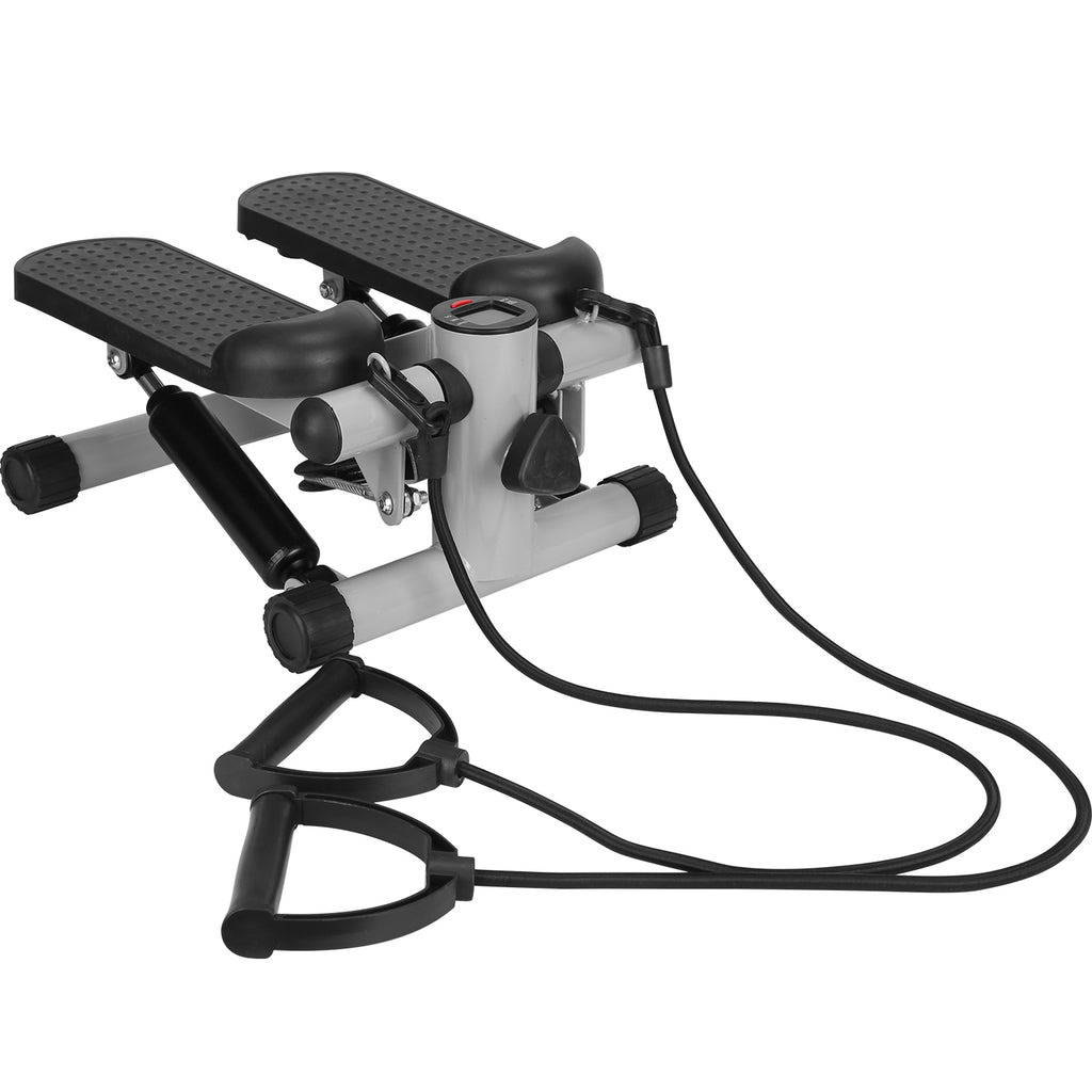 Mini fitness stepper with dual step pads, black straps, and LCD monitor on silver frame