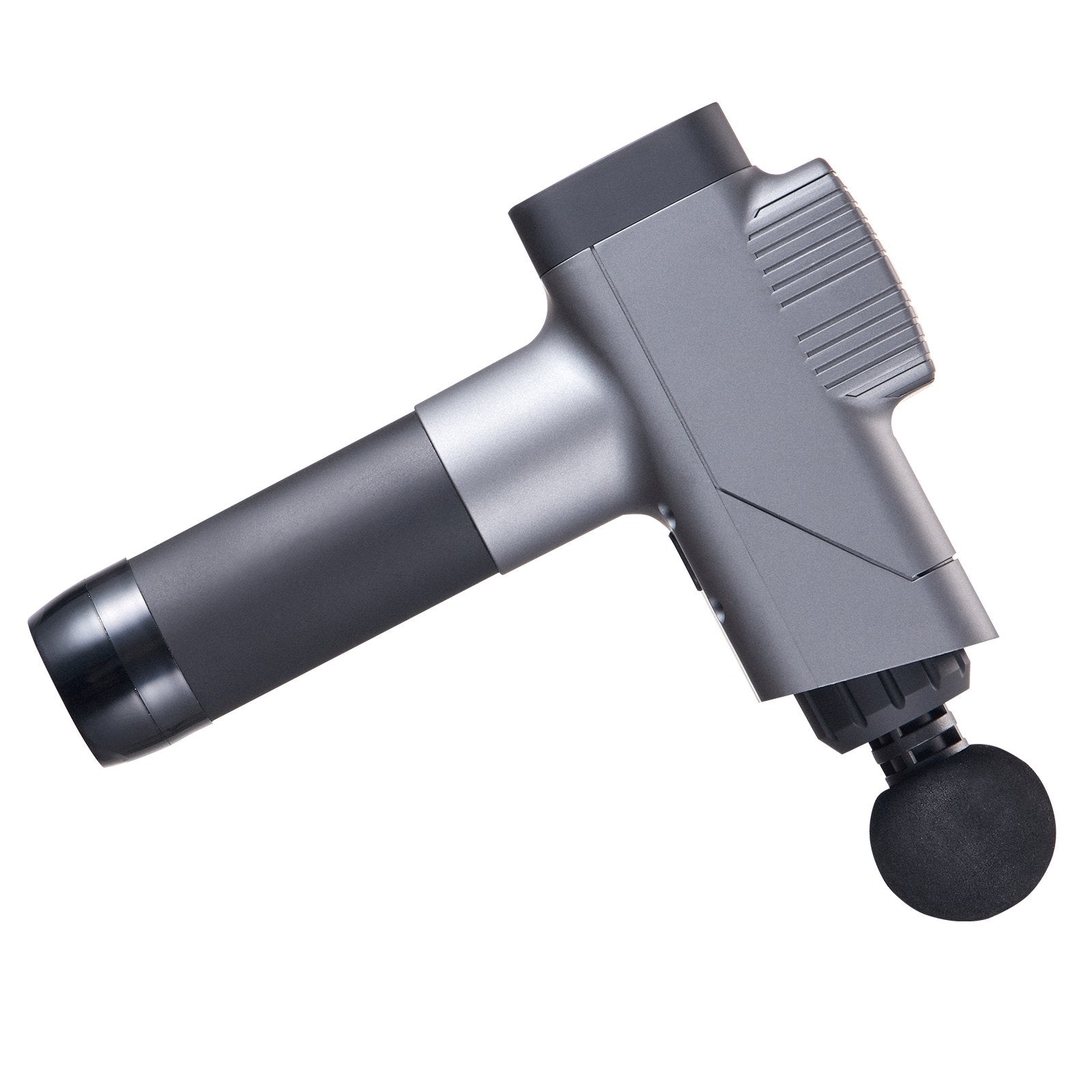 Grey massage gun angled view with round head and ridged back vent cover