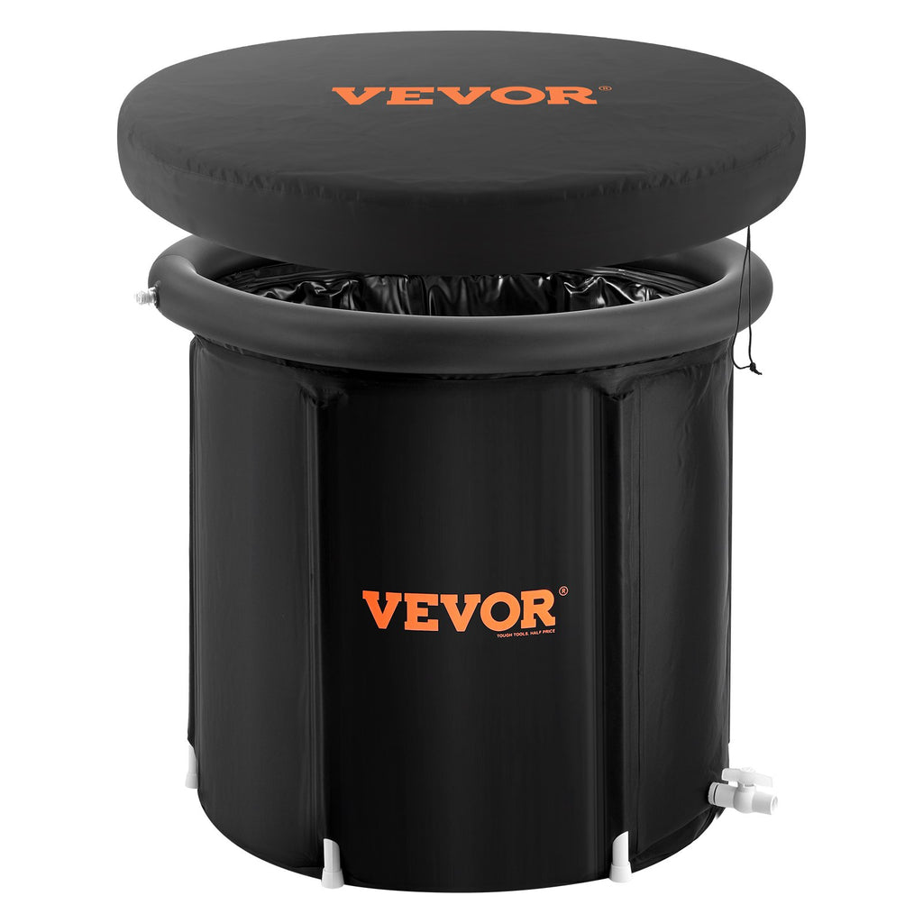 Black inflatable ice bath tub with round top cover and side drain valve