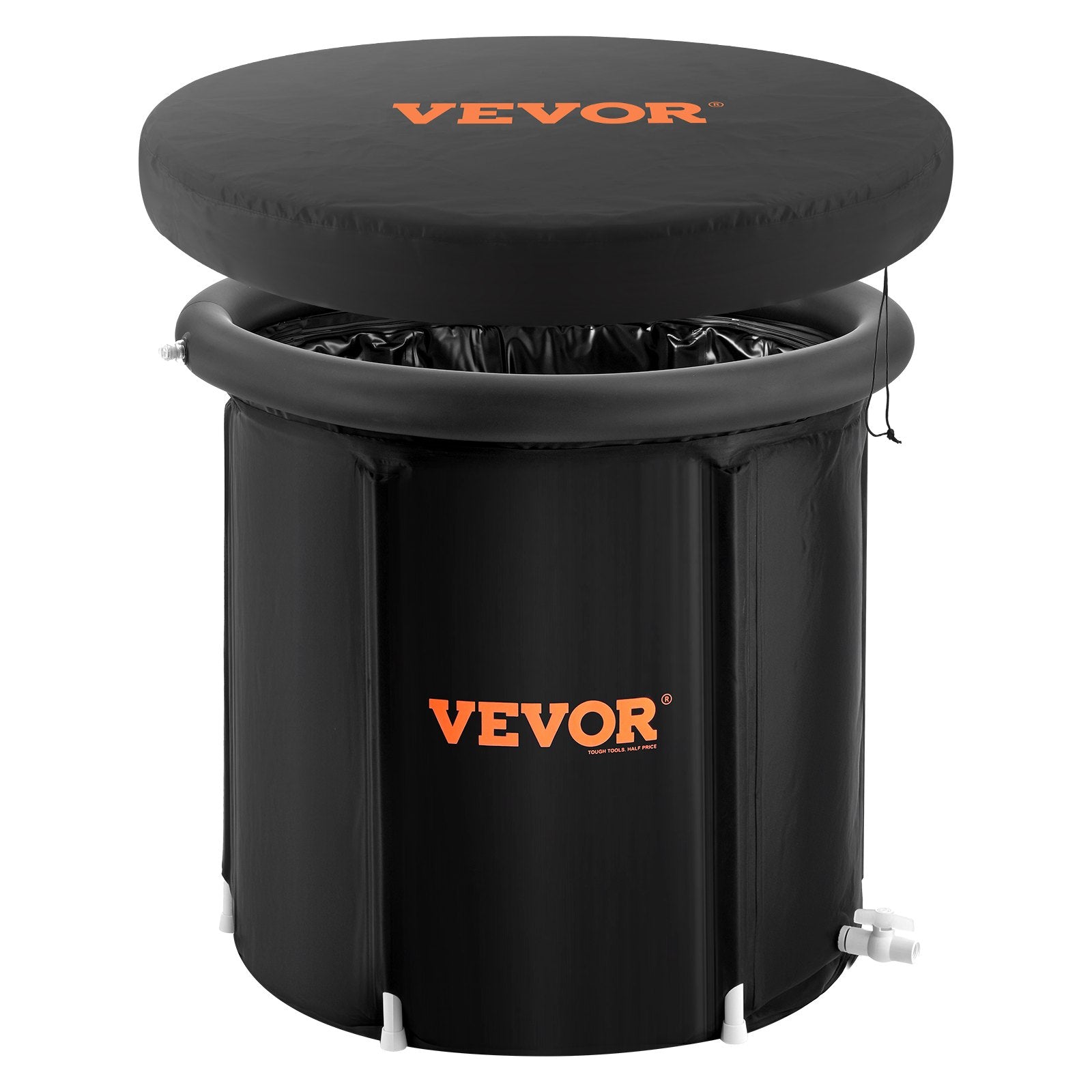 Black inflatable ice bath tub with round top cover and side drain valve