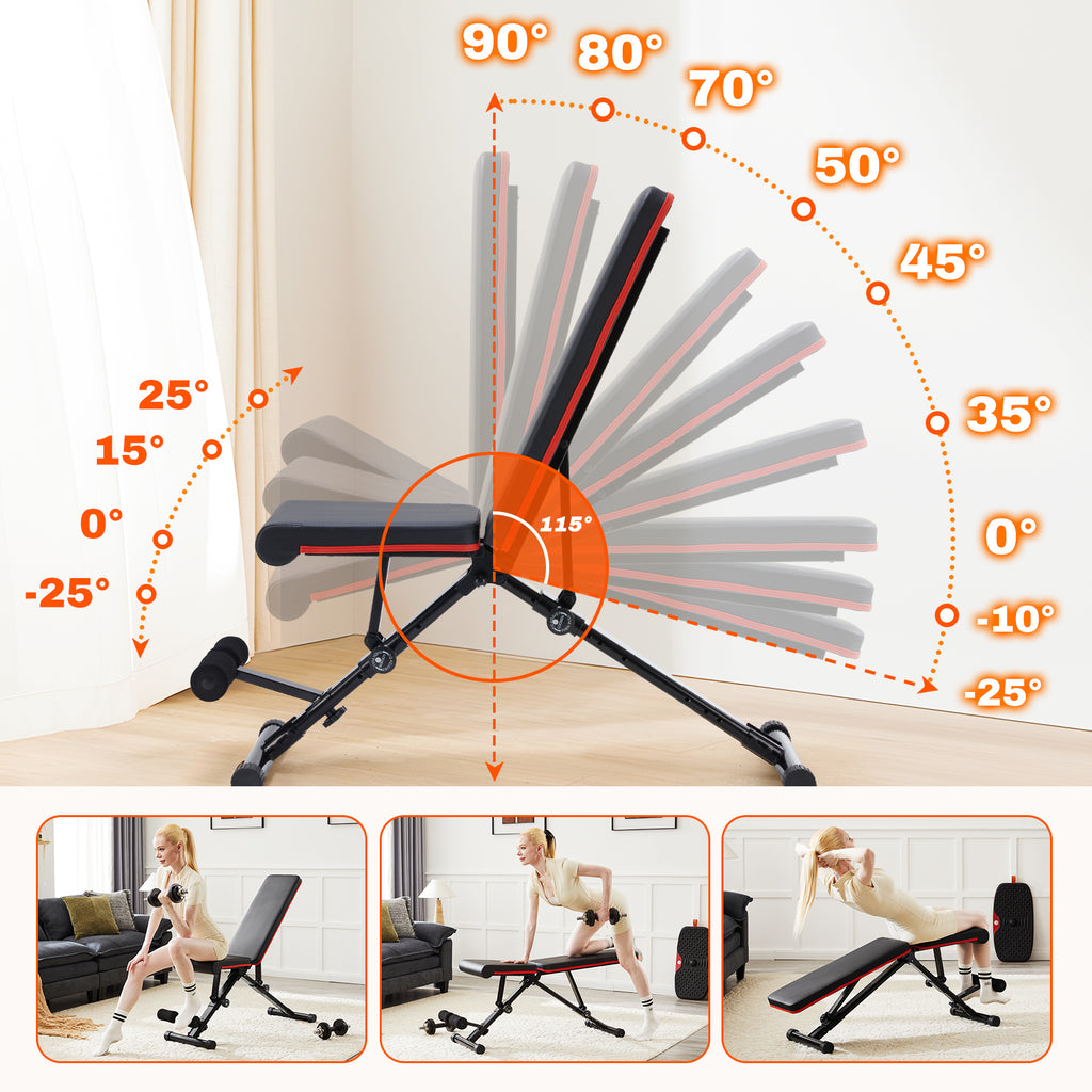 Adjustable fitness bench with black cushions and adjustable positions, shown from front view