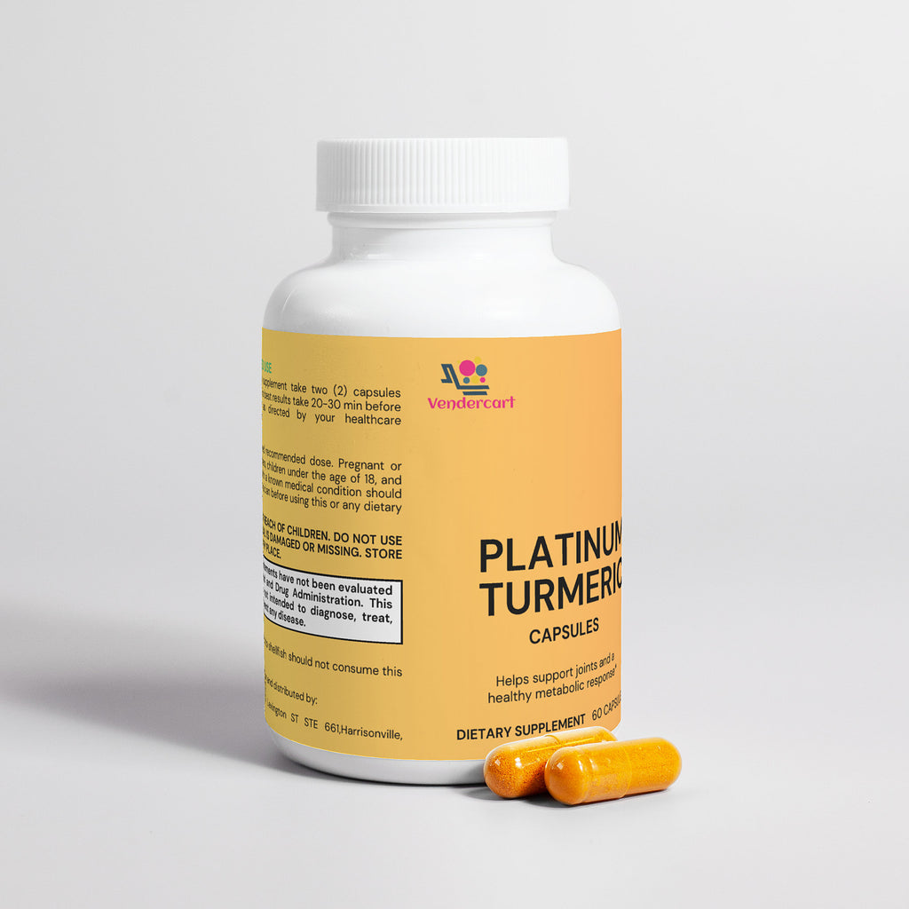 Platinum Turmeric supplement bottle with white cap and several orange capsules
