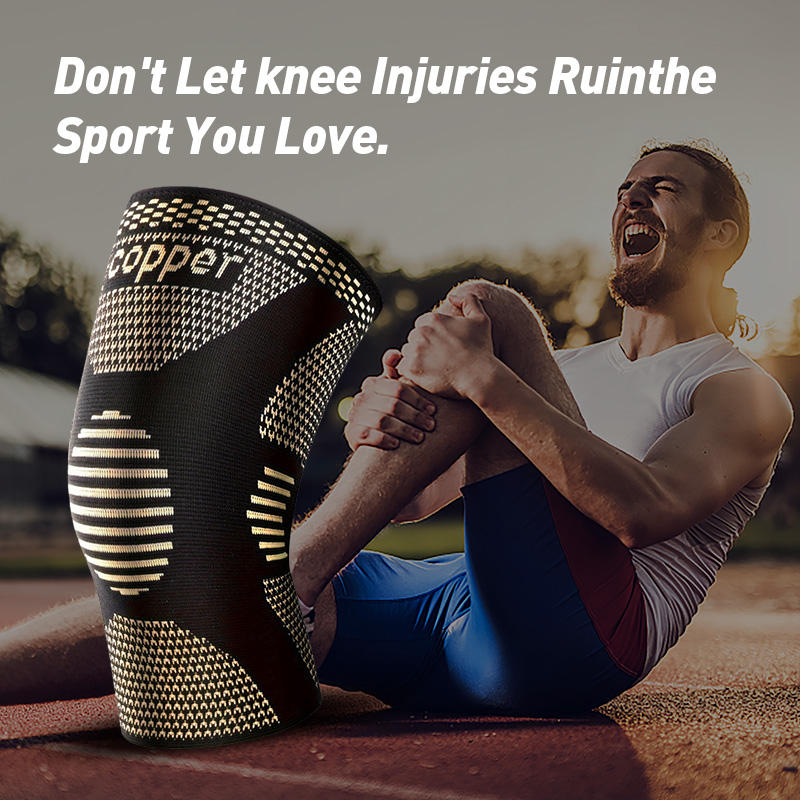 Copper compression knee sleeves, black with gold knit panels and COPPER lettering