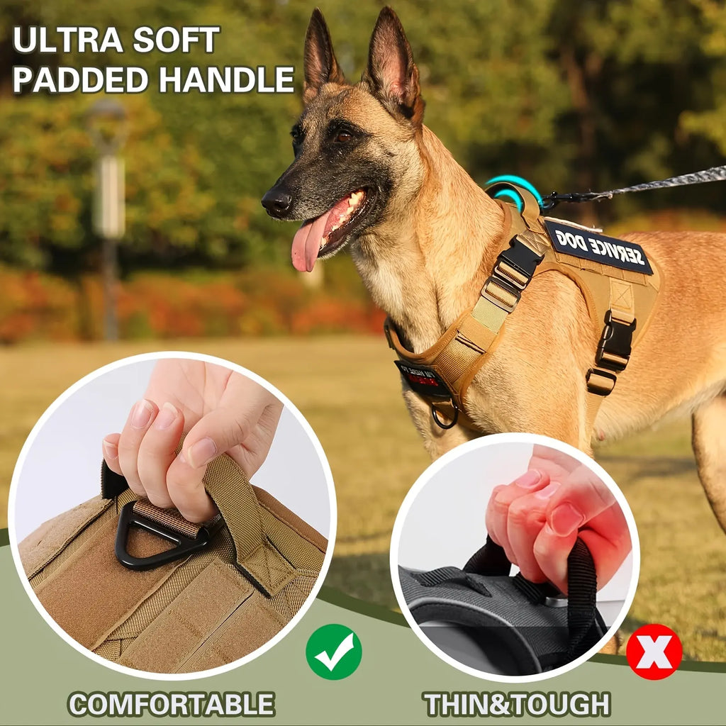 Service dog harness vest with padded handle and adjustable straps, worn on a dog