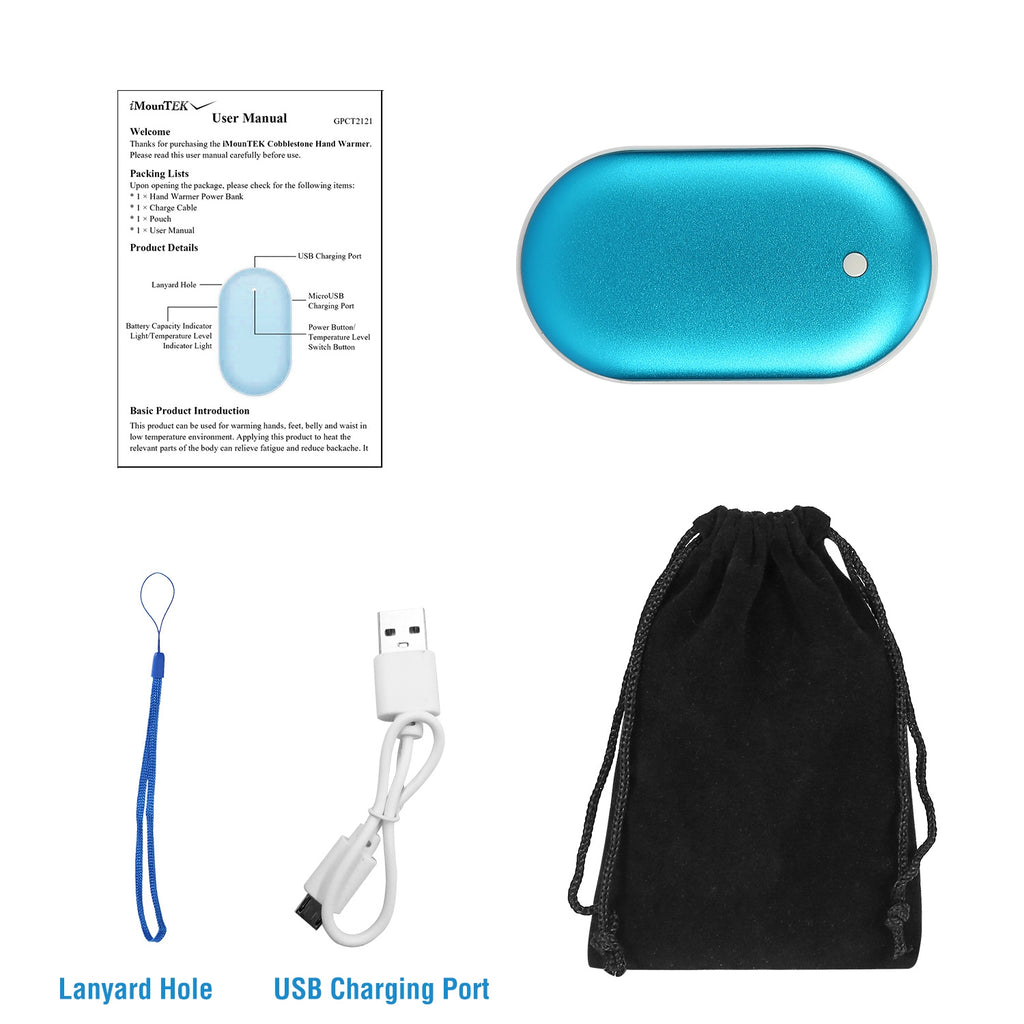 Hand warmer and power bank, blue oval device with lanyard hole and USB charging port.