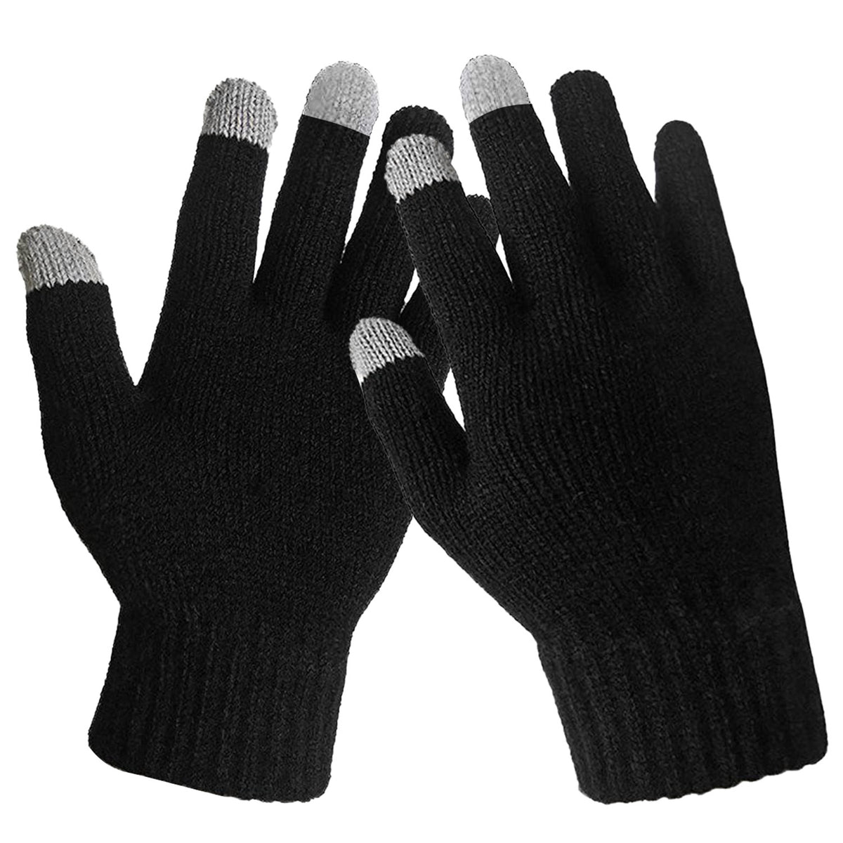 Pair of black knit touchscreen winter gloves with gray finger tips