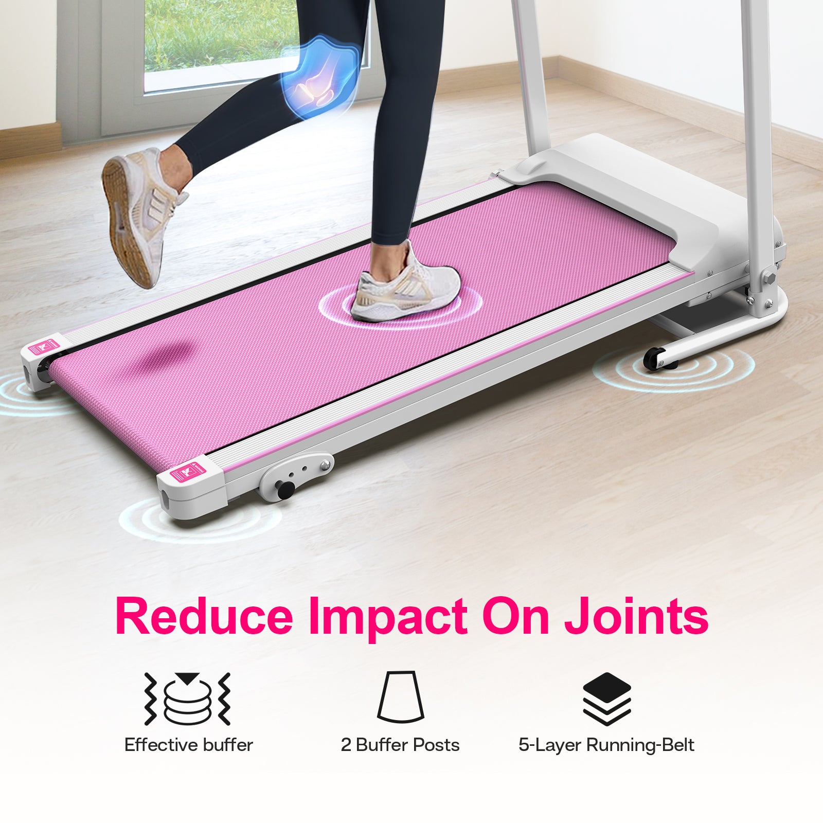 Pink running deck folding treadmill with grey base and front wheel supports