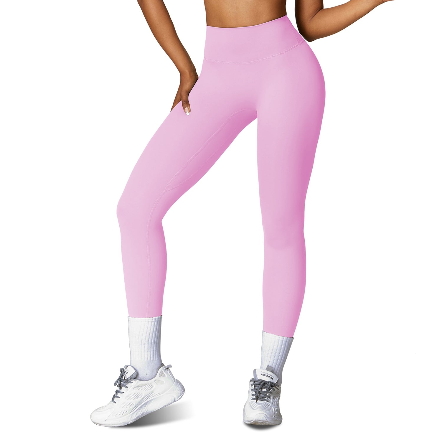 High-waist workout leggings in pink, smooth compression fabric with ankle-length legs