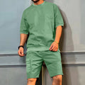 Men's green short-sleeve shirt and knee-length shorts set