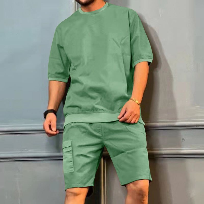 Men's green short-sleeve shirt and knee-length shorts set