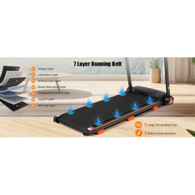 Black treadmill with illuminated shock absorber dots under the deck, front-right angle